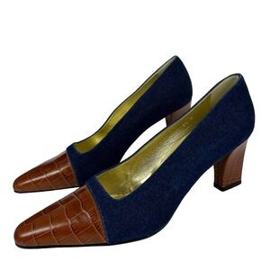 Escada 90s Denim Brown Croc Embossed Leather Block Heels 9.5N